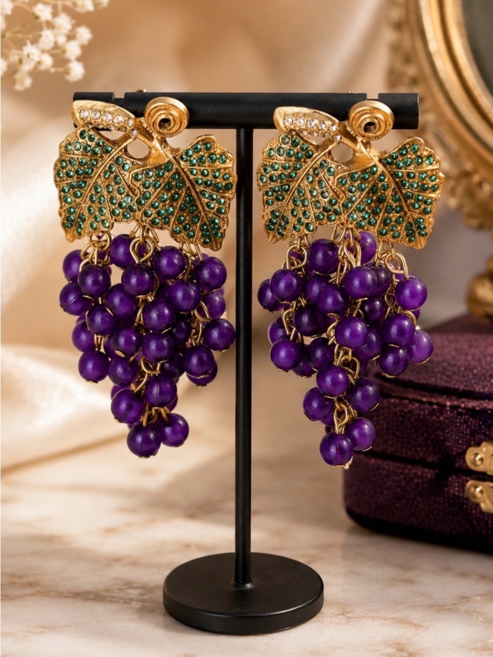 Statement Purple Grape Cluster Drop Earrings with Green Leaf Accents